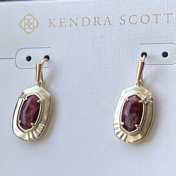 Kendra Scott Anna Drop Earrings Small Gold Bronze Maroon Jade Garnet Veined - Picture 1 of 4